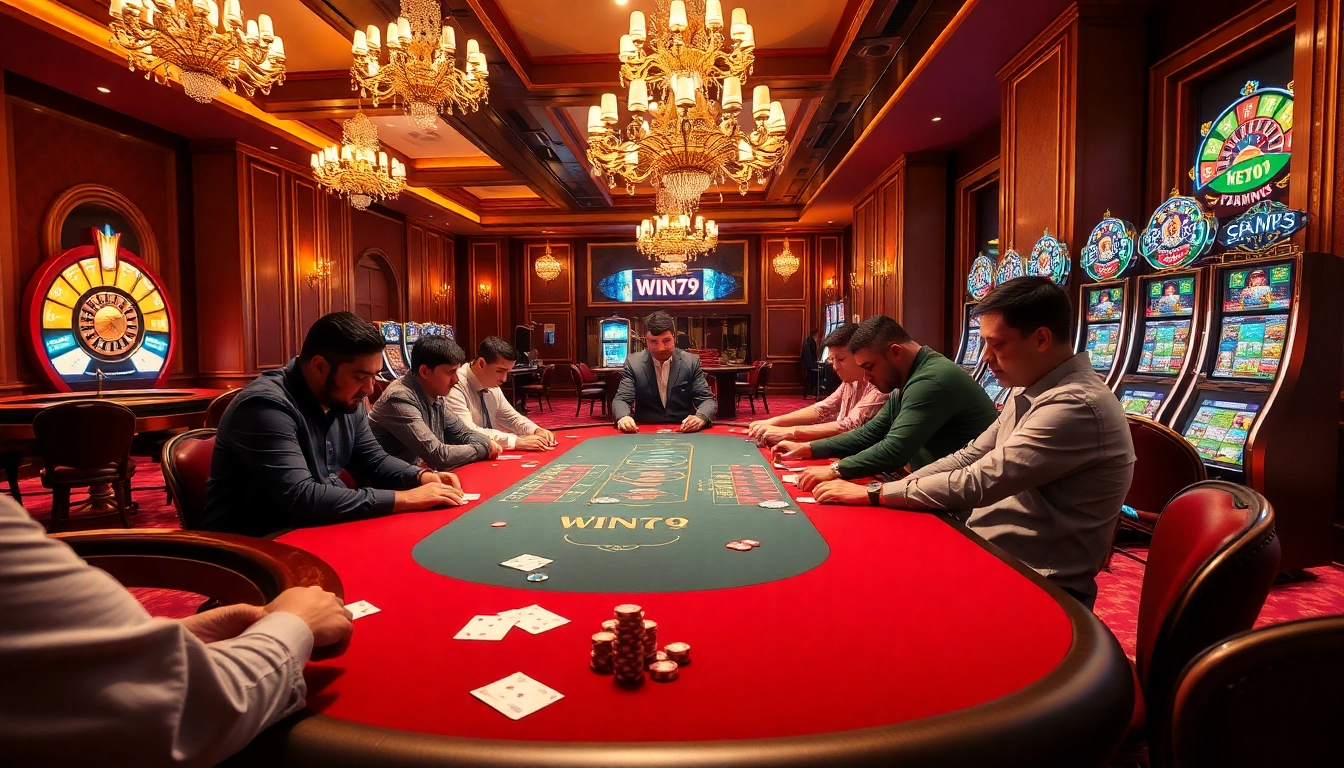 Win79 branded poker players strategizing in a luxurious casino setting with vibrant slot machines.