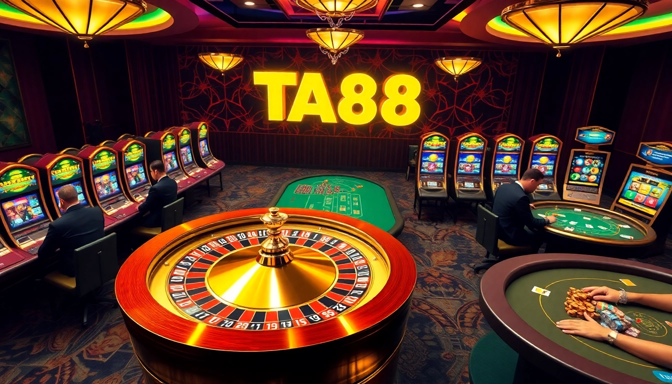 Exciting gambling scene showcasing TA88 online casino with poker tables and vibrant slot machines.