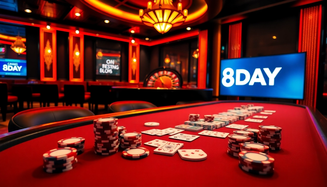 Engage in thrilling gameplay at 8DAY casino, featuring vibrant poker tables and roulette wheels.