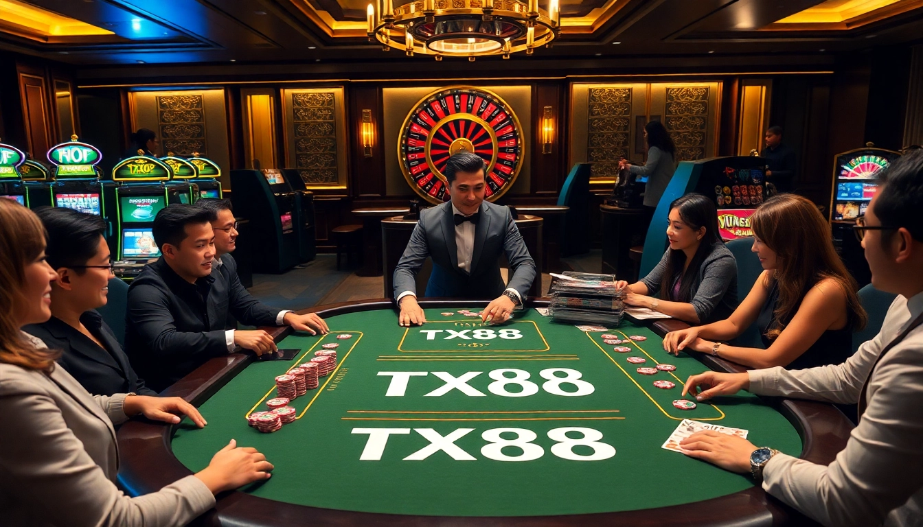 Engaging TX88 casino table with vibrant poker chips, cards, and excited players enjoying a thrilling betting experience.