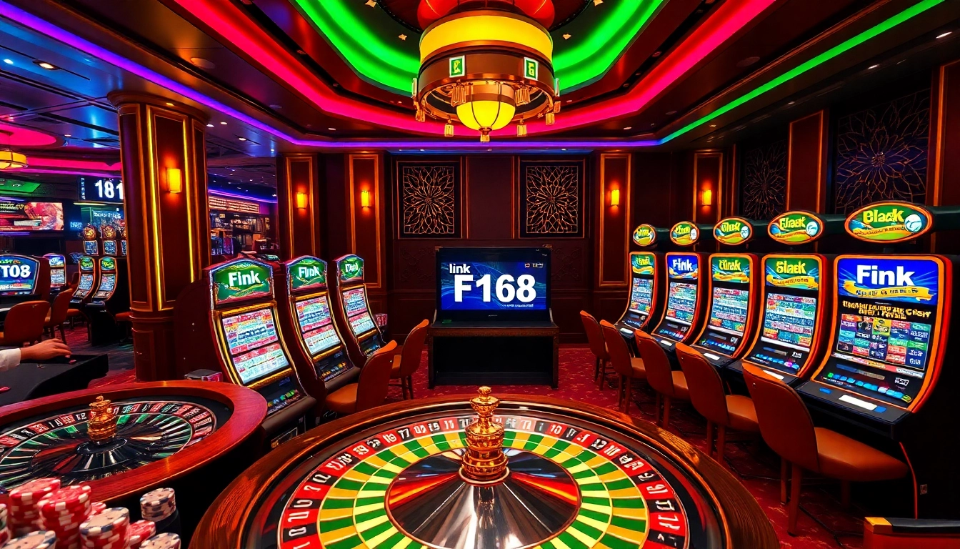 Playing exciting casino games at link F168, featuring roulette and slot machines in a vibrant atmosphere.