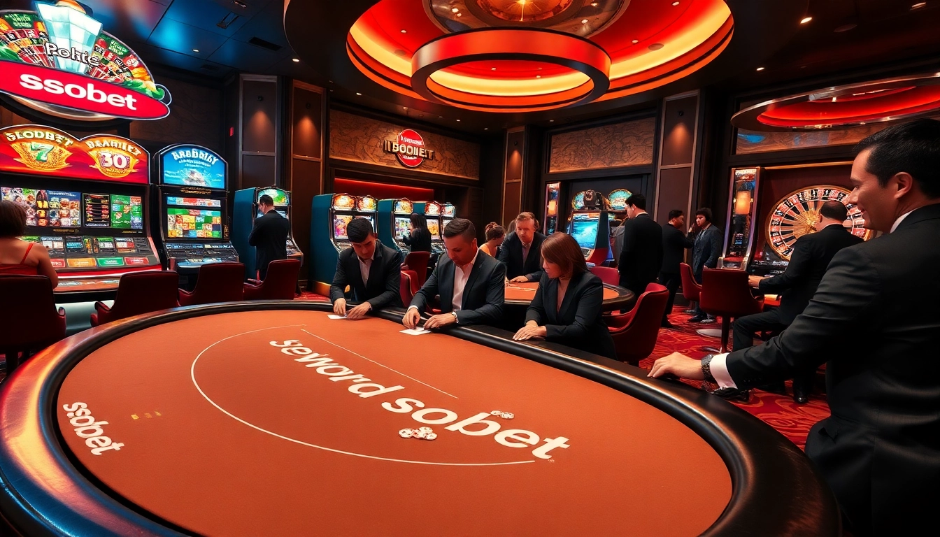 sbobet gaming experience with players at a luxurious poker table in a vibrant casino setting