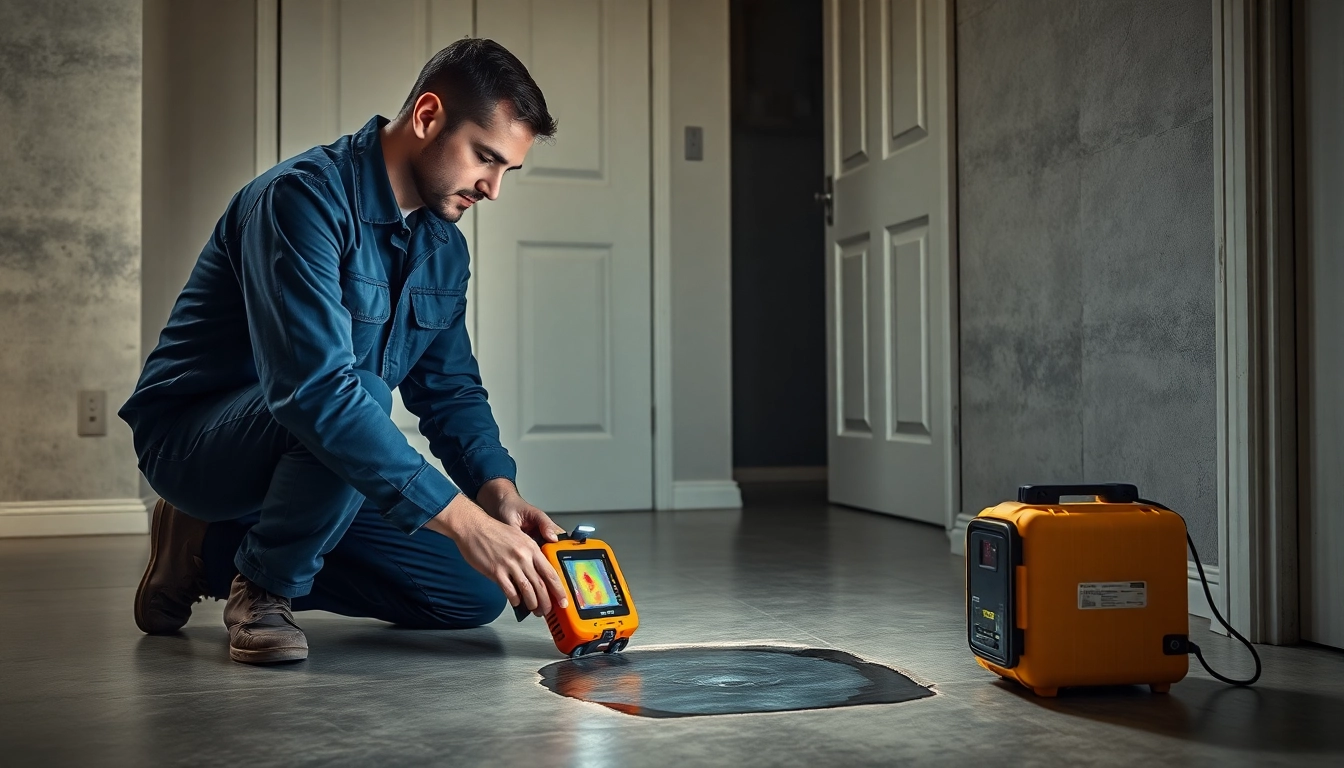 Leak in concrete floor detected by professional technician using thermal imaging technology.