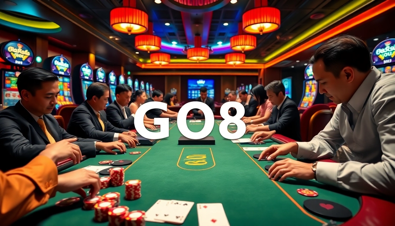 Players engaging intensely at a poker table, featuring GO8 branding on chips, highlighting casino excitement.