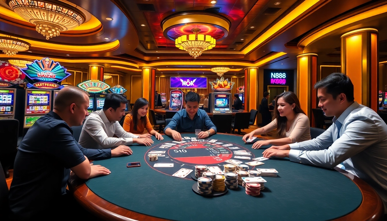 Experience the thrill of NK88 with players at a vibrant casino poker table.