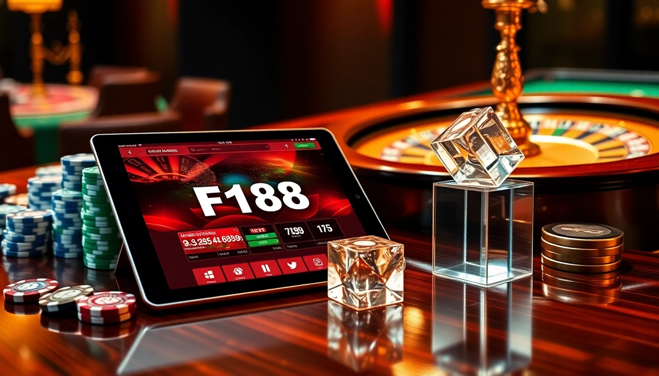 Excited gamblers interacting with the F168 online gambling interface on a luxurious gaming tablet filled with poker chips.