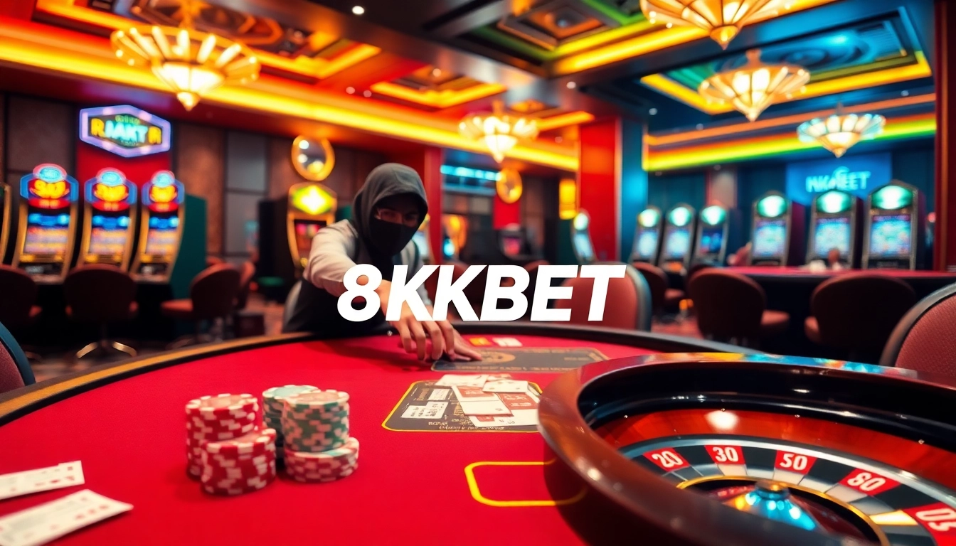 Engaging view of a casino table with 8KBET logo, showcasing poker action and vibrant atmosphere.
