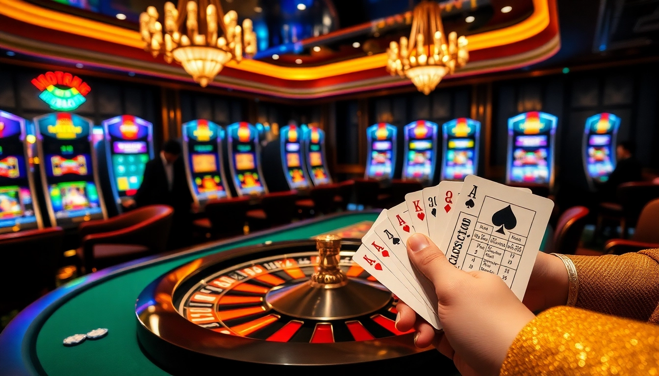 Exciting scene at max88 vin featuring players engaging in thrilling casino games with vibrant slot machines.