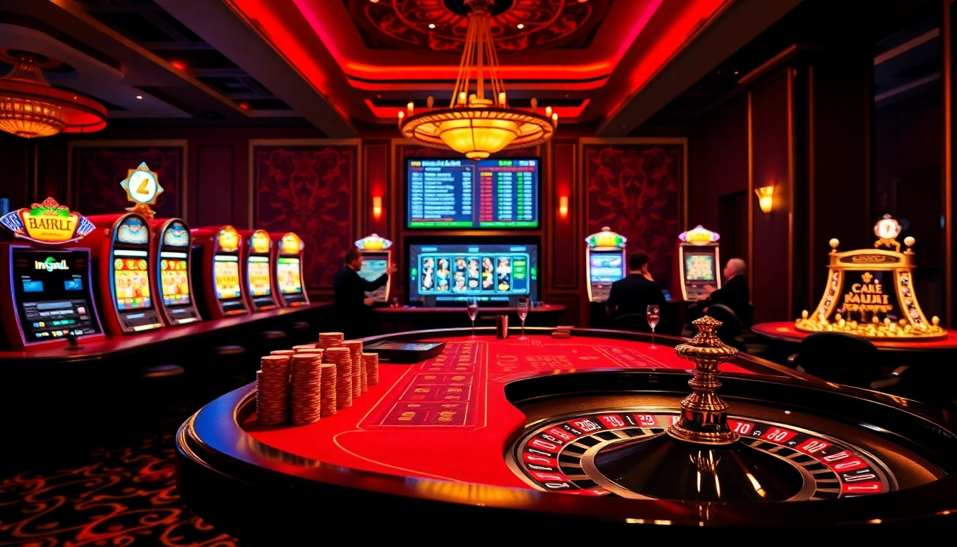 Experience high-stakes gambling with ingatbola at an elegant casino, featuring vibrant slot machines.