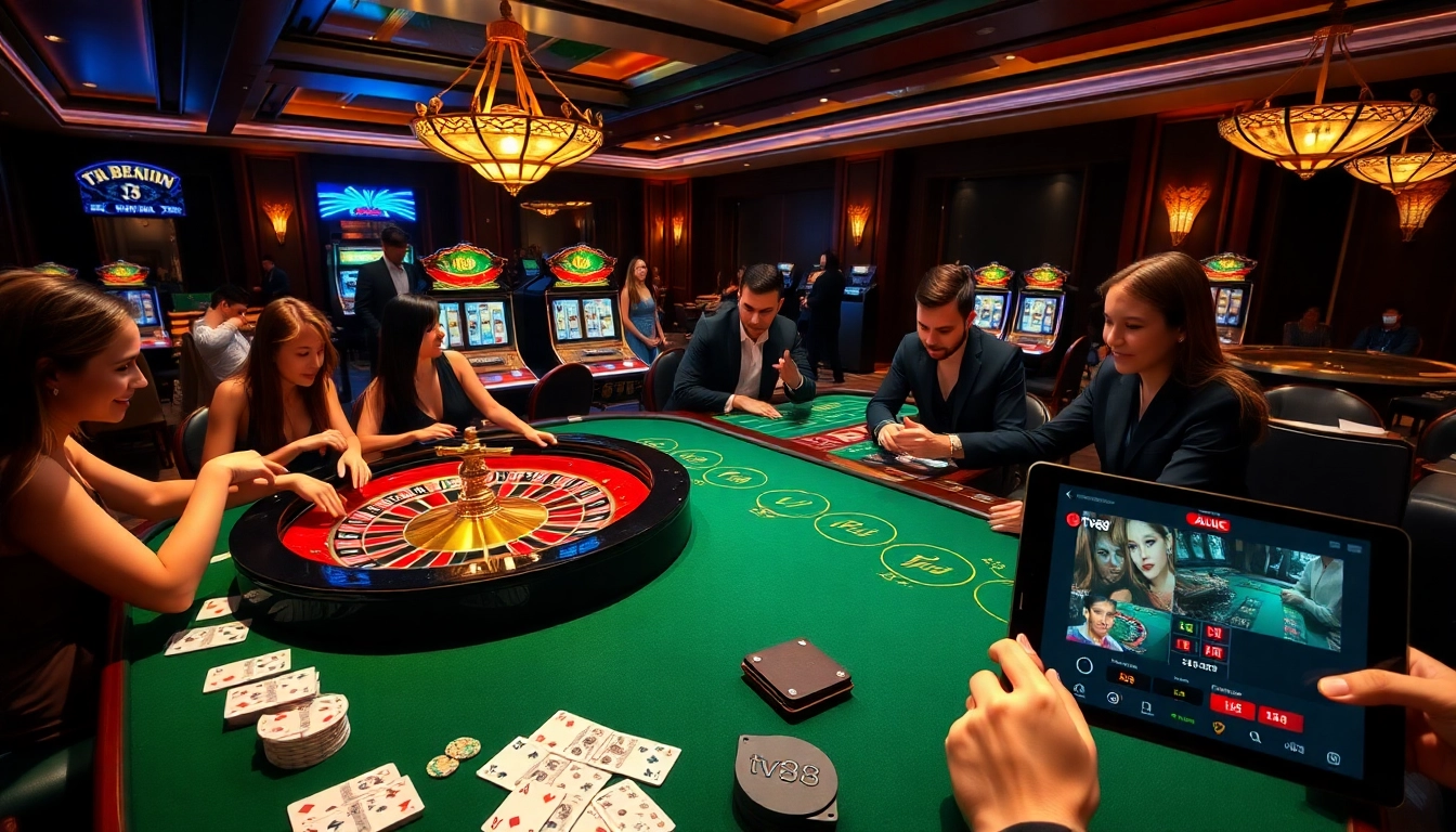 Experience thrilling gameplay at TV88, featuring roulette wheels and dynamic poker action.