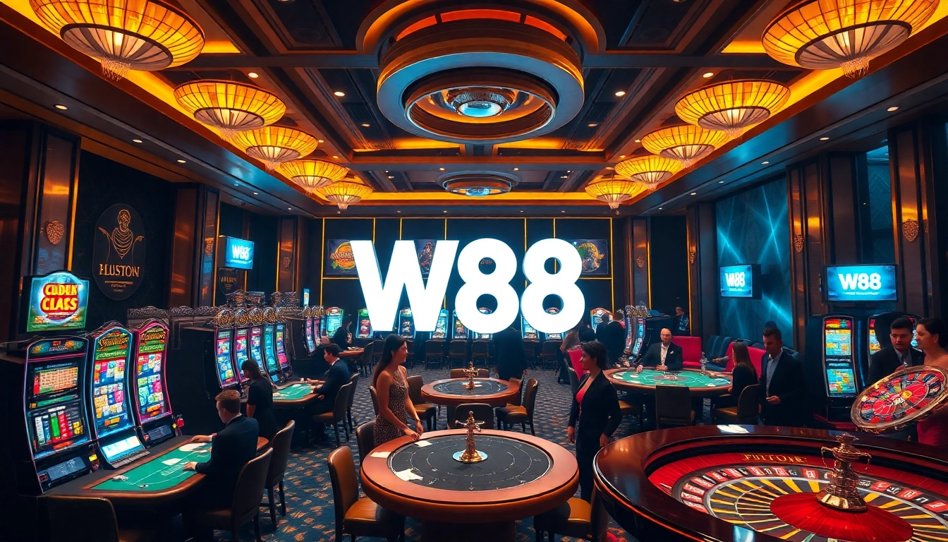 W88 logo featured in a luxurious casino scene with poker tables, slot machines, and energetic players.