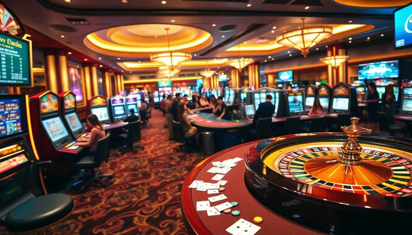 KKWIN Casino scene showcasing thrilling gambling action with vibrant slot machines and roulette.