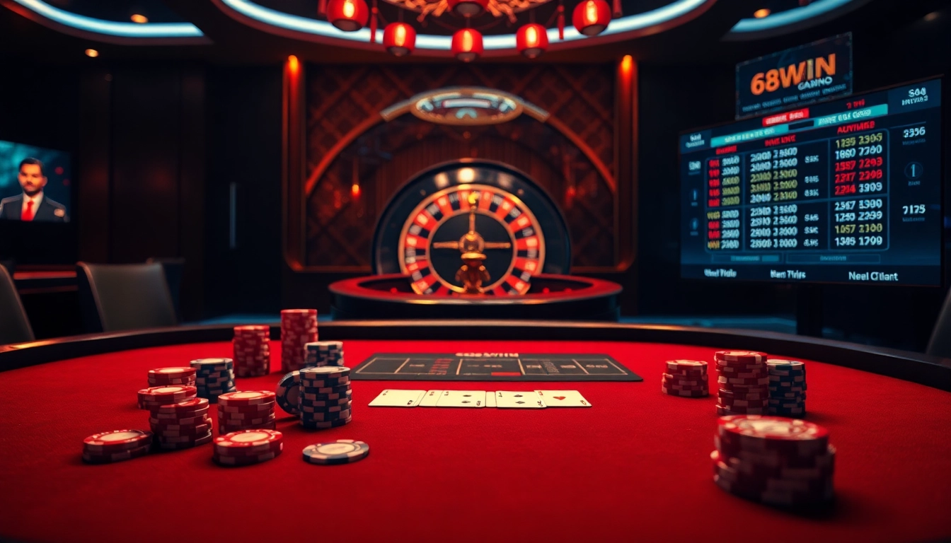 68win platform showcasing vibrant poker chips and a roulette wheel in a luxurious casino setting.