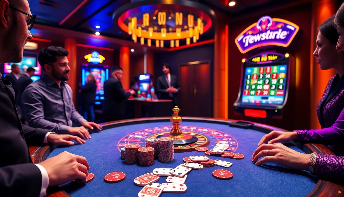 Players engaging in an exciting game at the 789club casino table, surrounded by vibrant gambling elements.