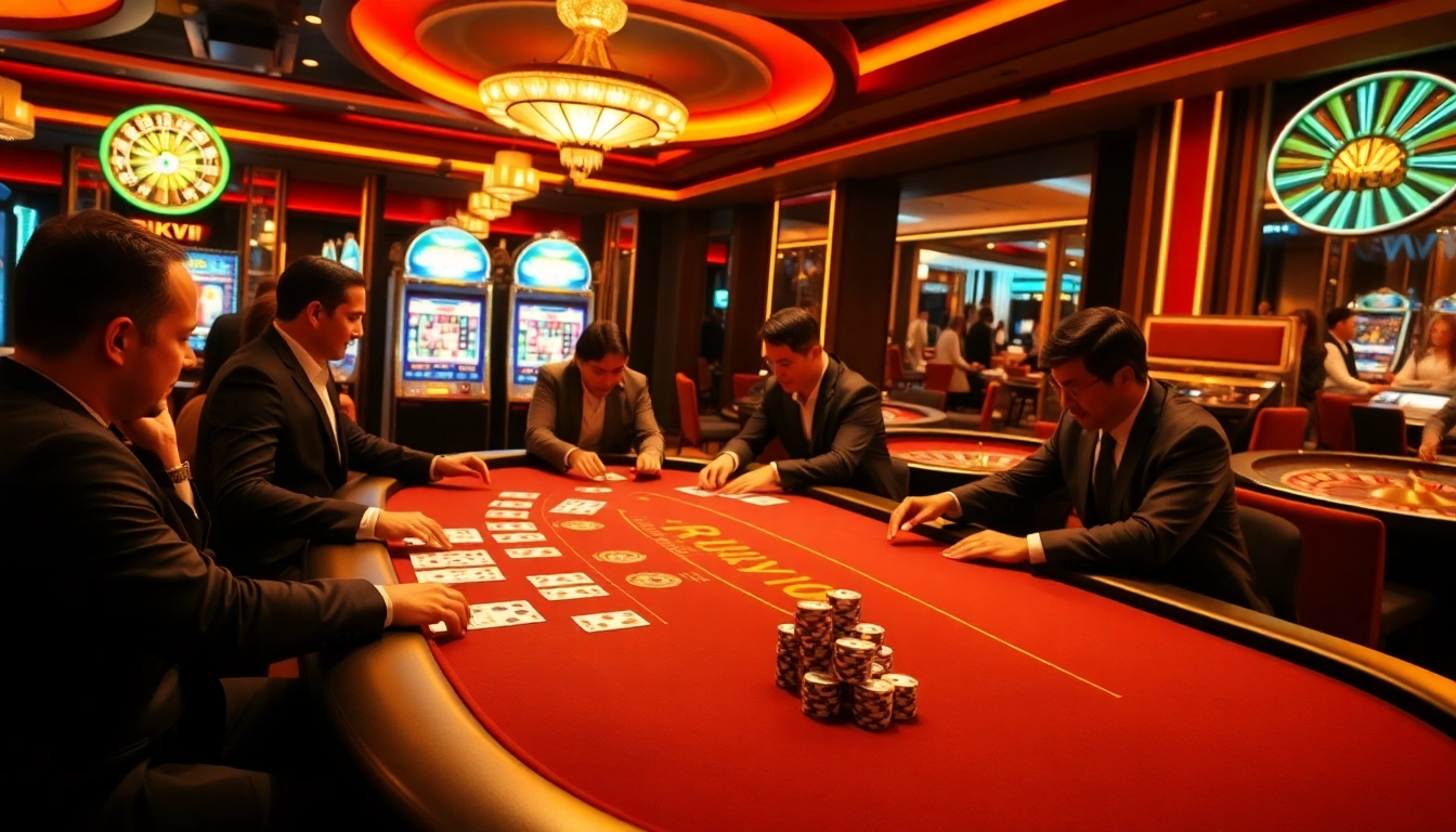 Players enjoying RIKVIP's vibrant casino table with poker chips and cards.