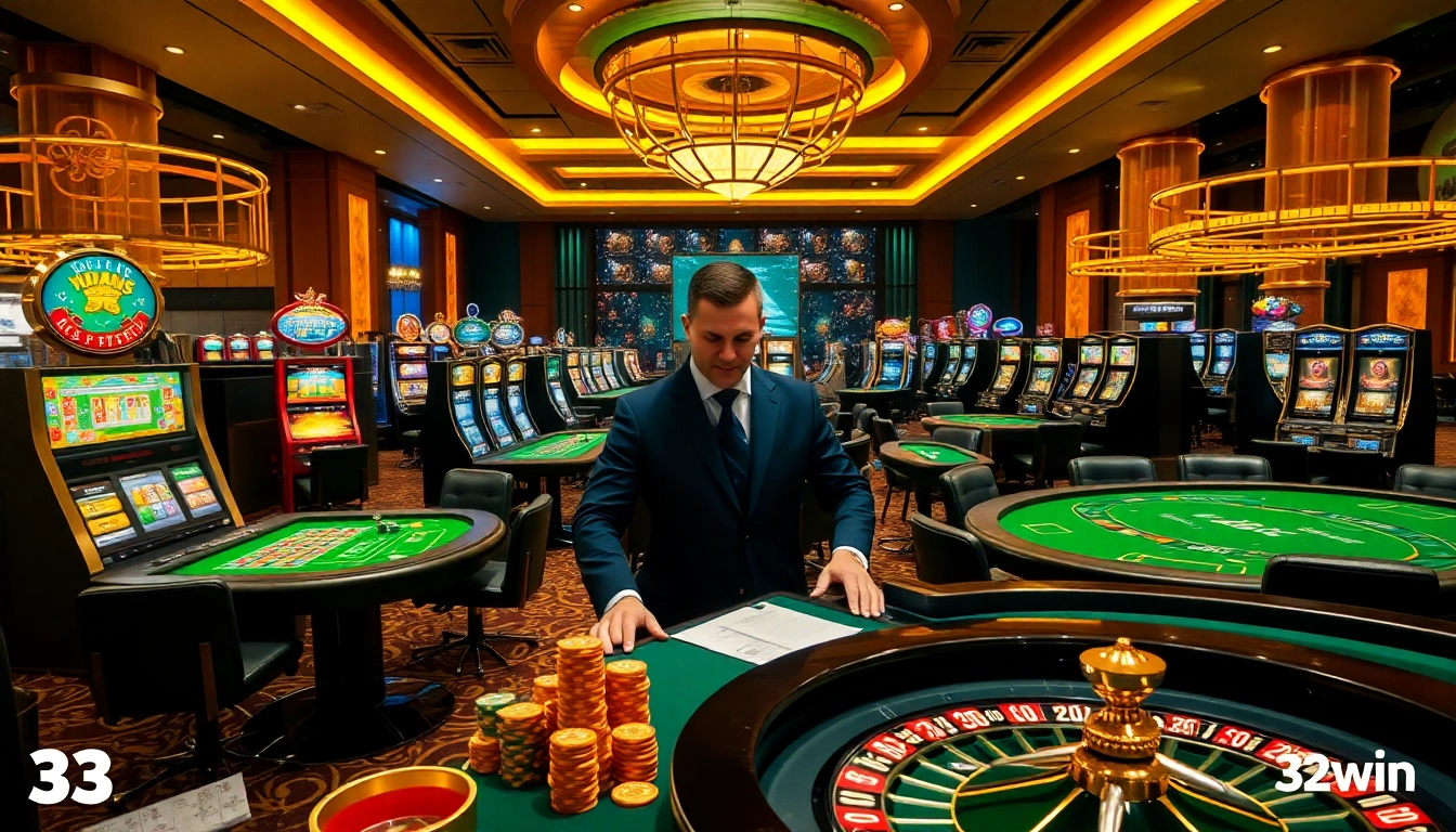 Experience thrilling gambling action with 32win at a luxurious casino atmosphere featuring poker tables and slot machines.