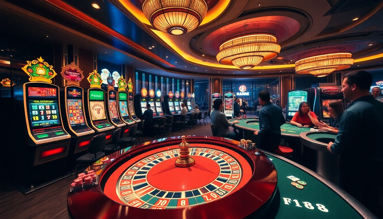 Experience thrilling gameplay at F168 casino, featuring vibrant slot machines and poker tables.