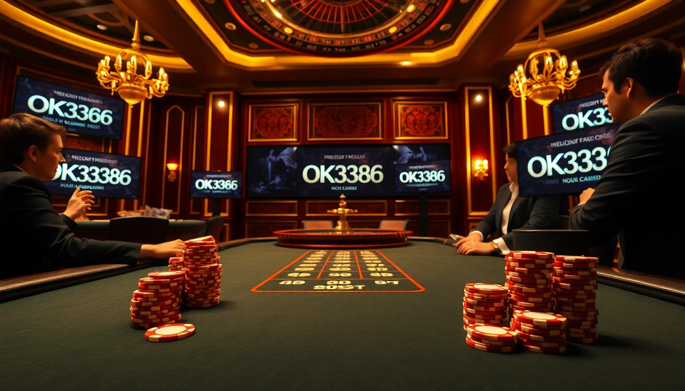 Excited players at a high-stakes poker table in a luxurious casino, showcasing OK8386.