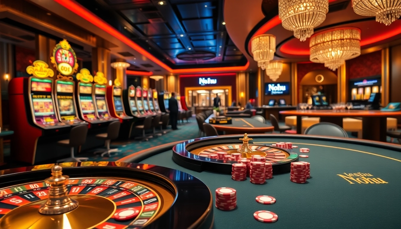 Nohu-themed casino ambiance with poker tables and vibrant slot machines.