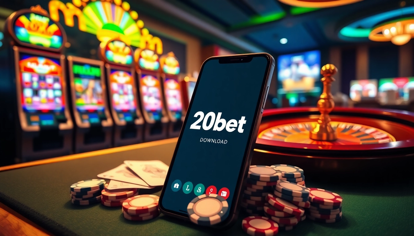 Place your bets at 20bet Download featuring mobile gaming excitement and vibrant casino elements.