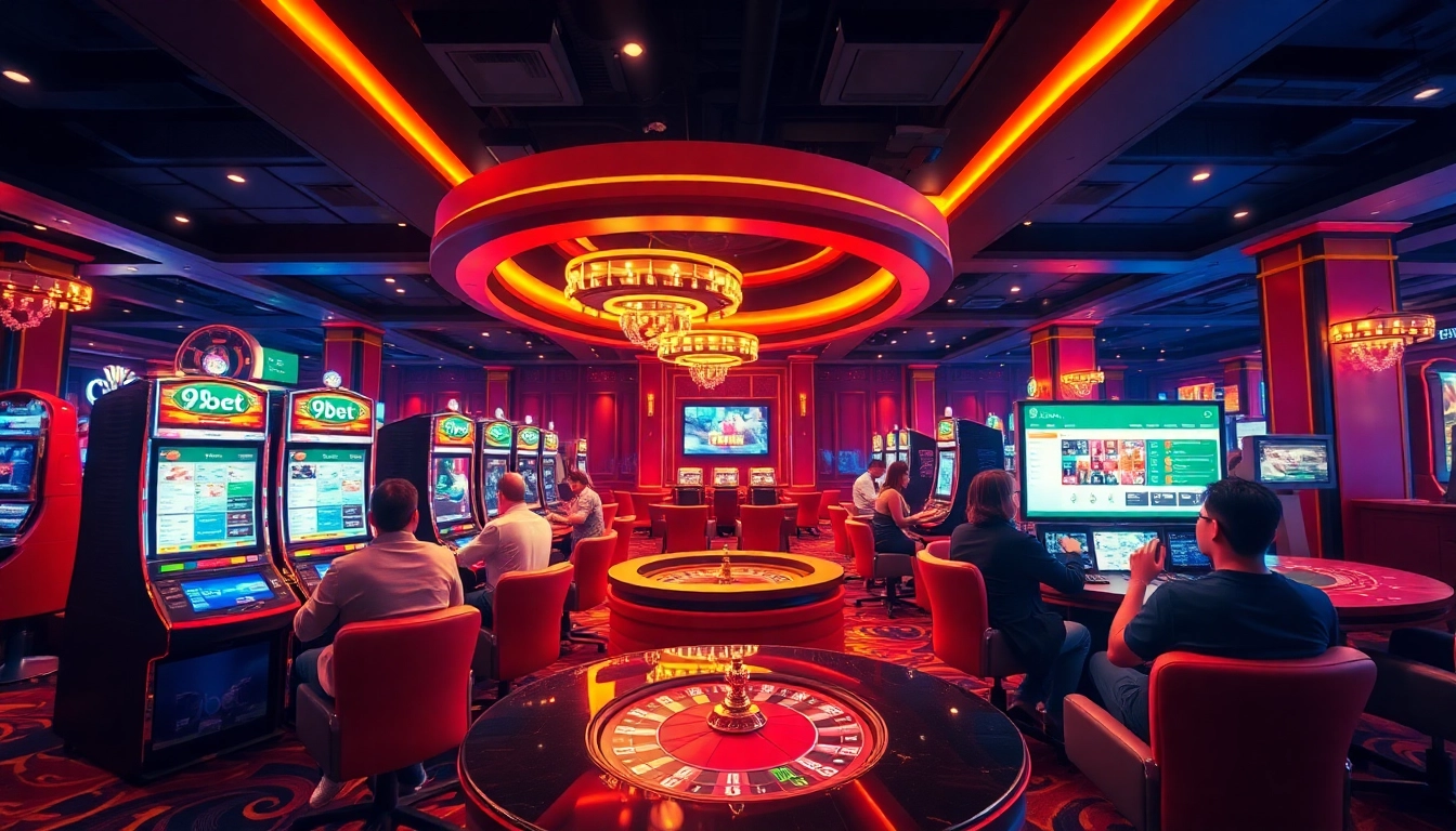 Players celebrating their wins while engaging with the 9bet online casino interface, enriched with vibrant colors and luxurious decor.