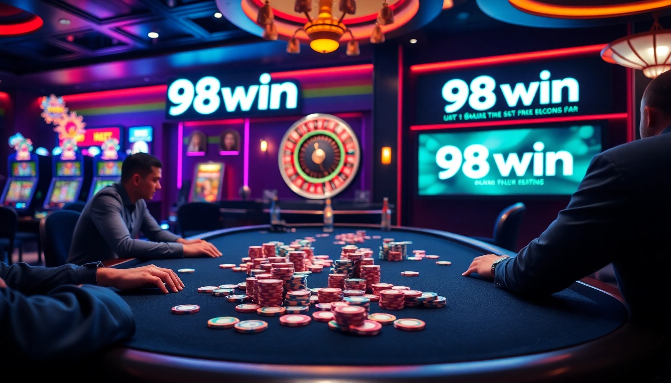 Gamble at 98win with an exciting poker atmosphere featuring vibrant chips and dealers.