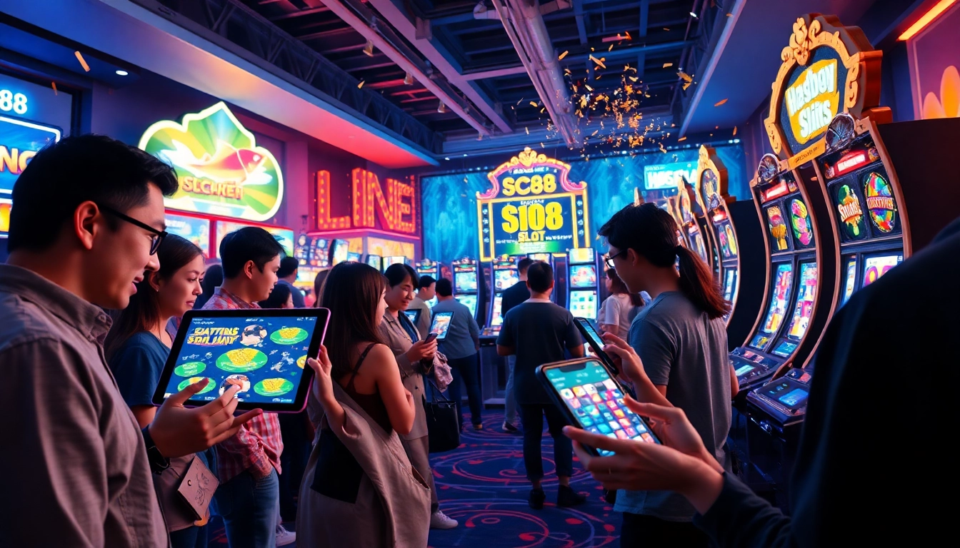 Exciting SC88 gaming environment with diverse users enjoying various games and vibrant digital interfaces.