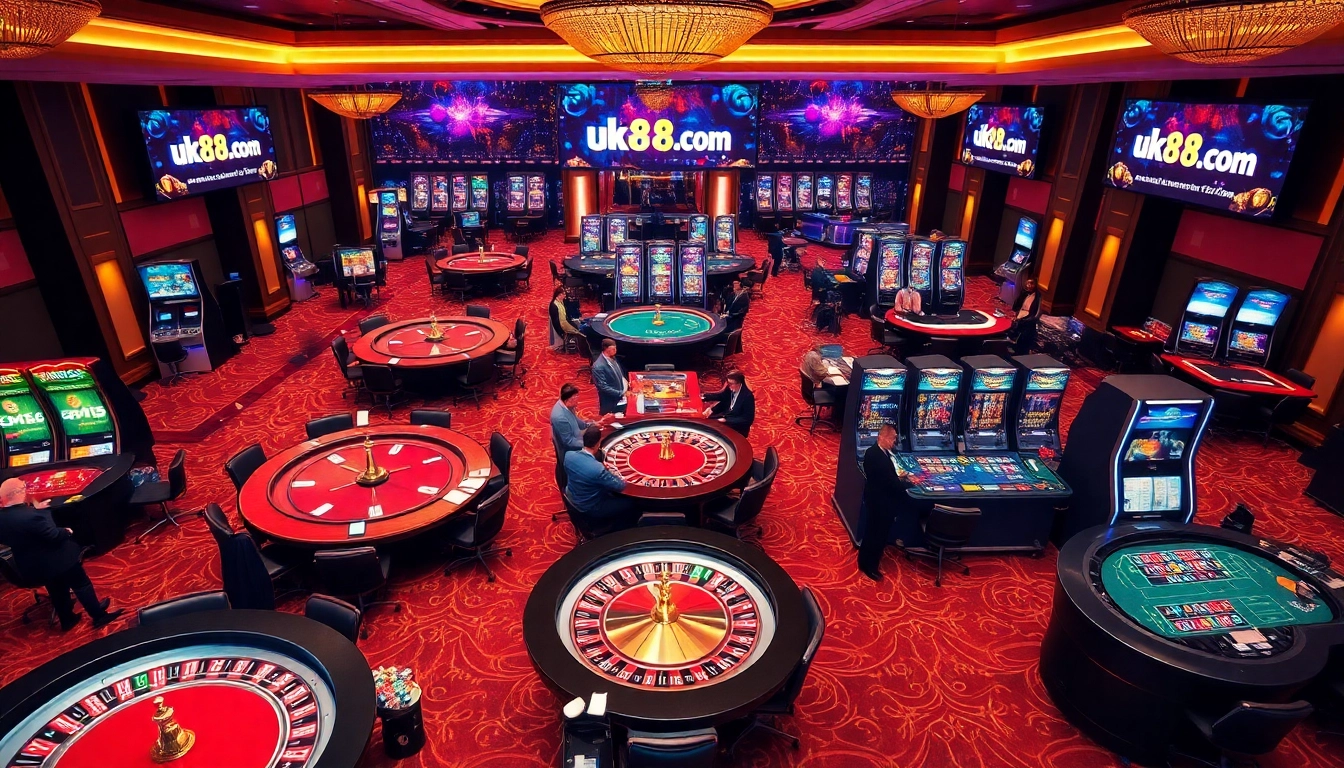 Players enjoying games and betting at uk88.com in a luxurious casino environment.