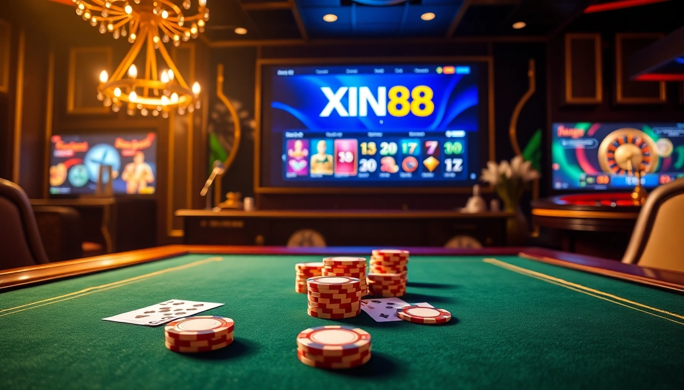 XIN88 casino scene showcasing poker cards and a roulette wheel in a luxurious online environment.