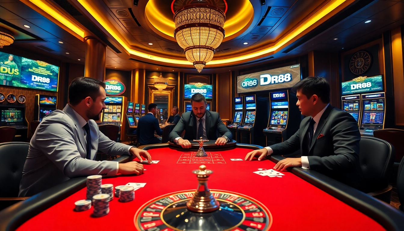 Experience high-stakes gameplay at DR88’s vibrant casino table with poker chips and cards.