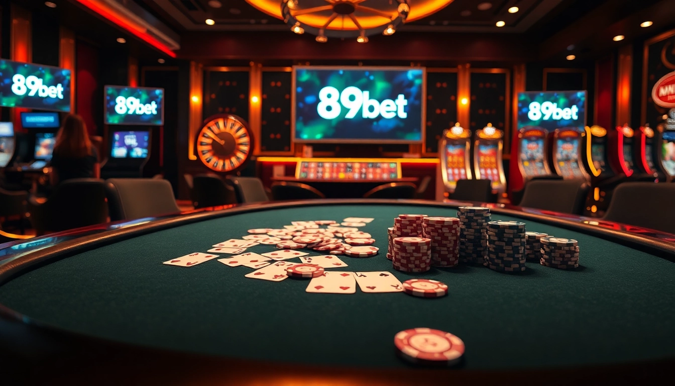 Experience gaming action at nhà cái 89bet with luxurious casino tables and vibrant slot machines.