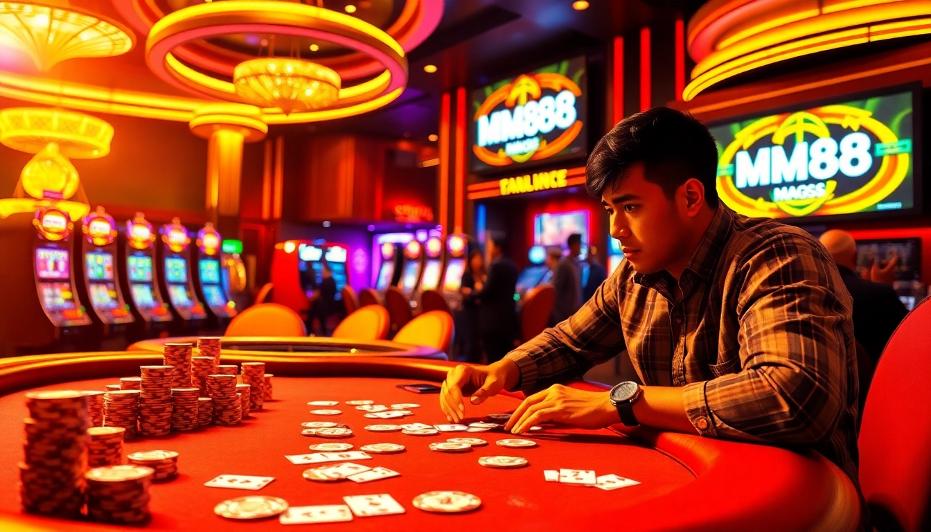 Experience the thrill of MM88 at a luxurious casino poker table, showcasing high-stakes action.