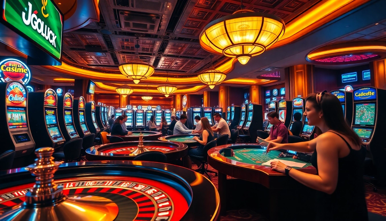 Players enjoying the thrill of gaming at JOGOLUCK, showcasing vibrant casino tables and slots.