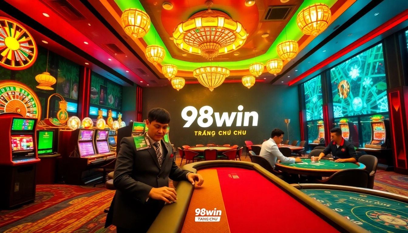 Immerse in the excitement of 98win trang chu with a luxury casino scene featuring roulette and poker tables.