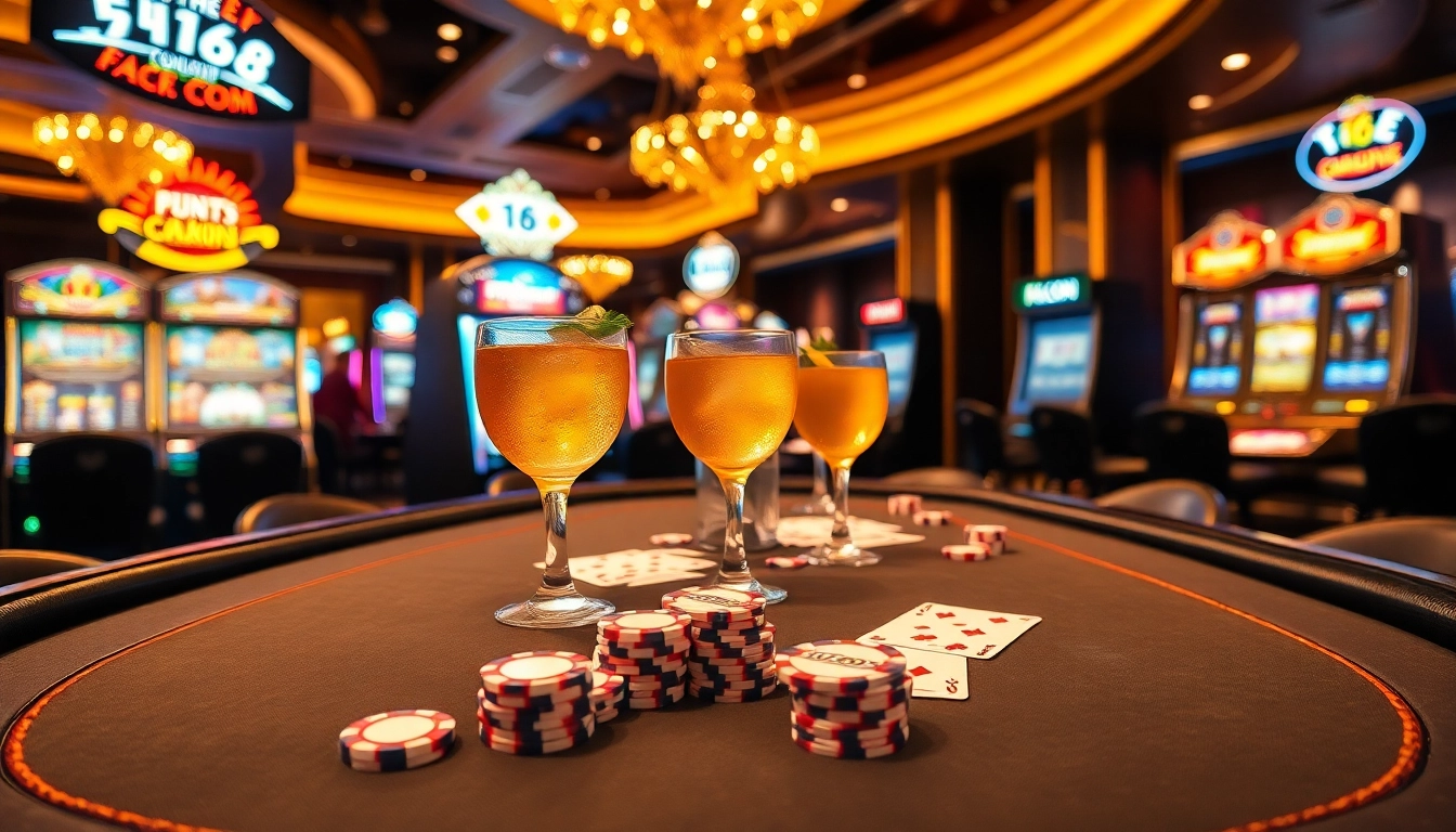 Experience the thrill of gambling at F168.COM with a vibrant casino scene showcasing poker and slot machines.