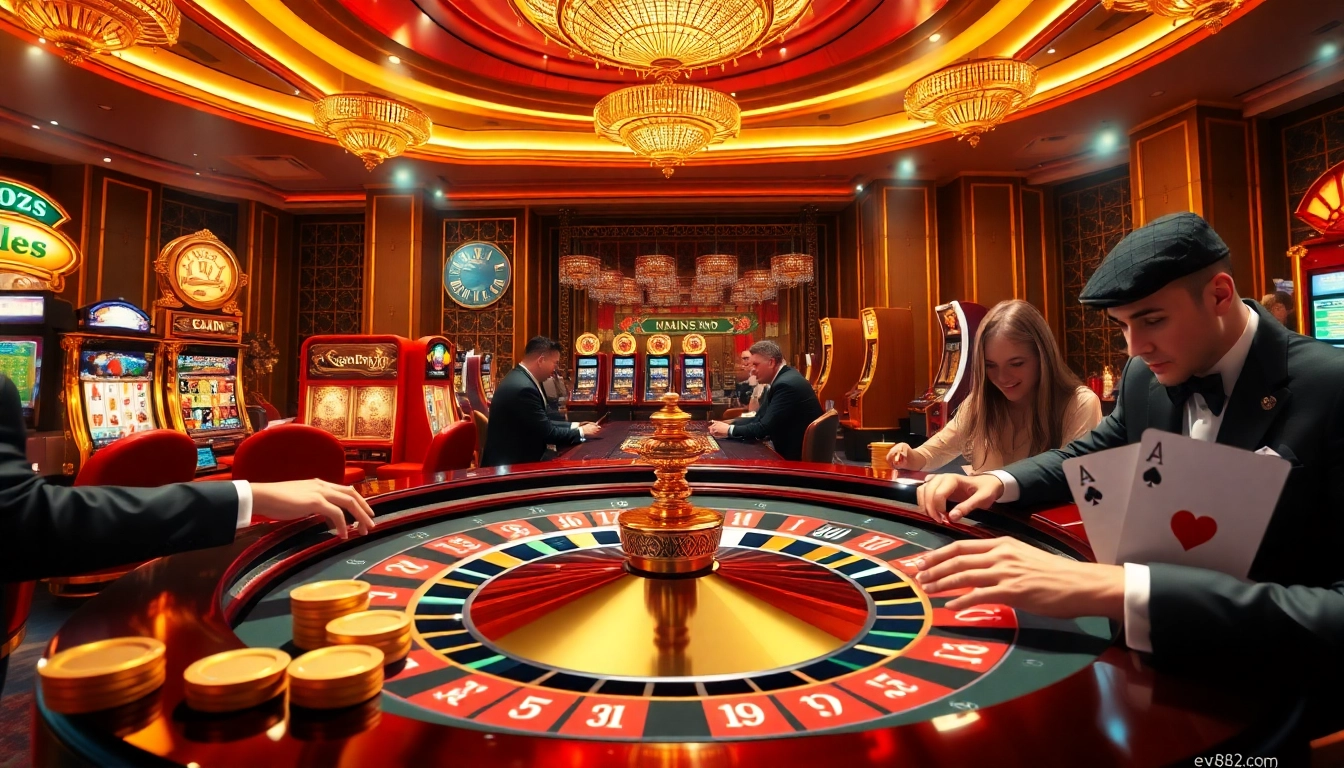 Experience thrilling gameplay at ev882.sa.com with vibrant casino scenes showcasing roulette, poker, and slot machines.
