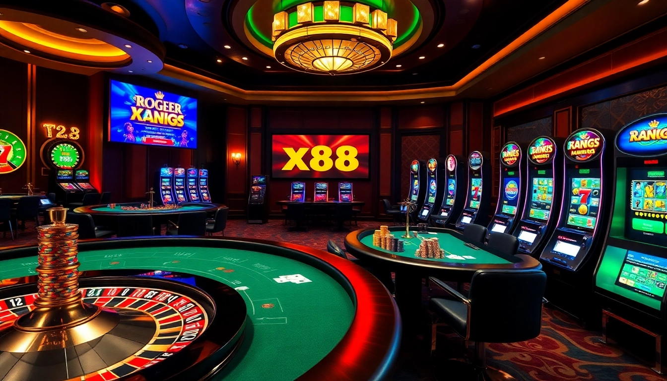 Players enthusiastically gamble at the xx88 casino, highlighted by vibrant slot machines and a roulette wheel.
