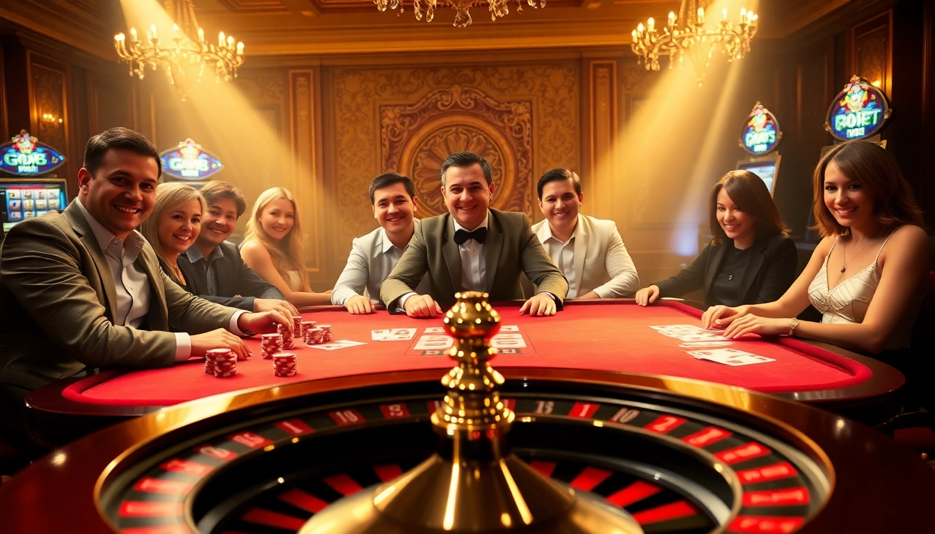 GO8 players strategizing around a luxurious poker table with vibrant casino elements.