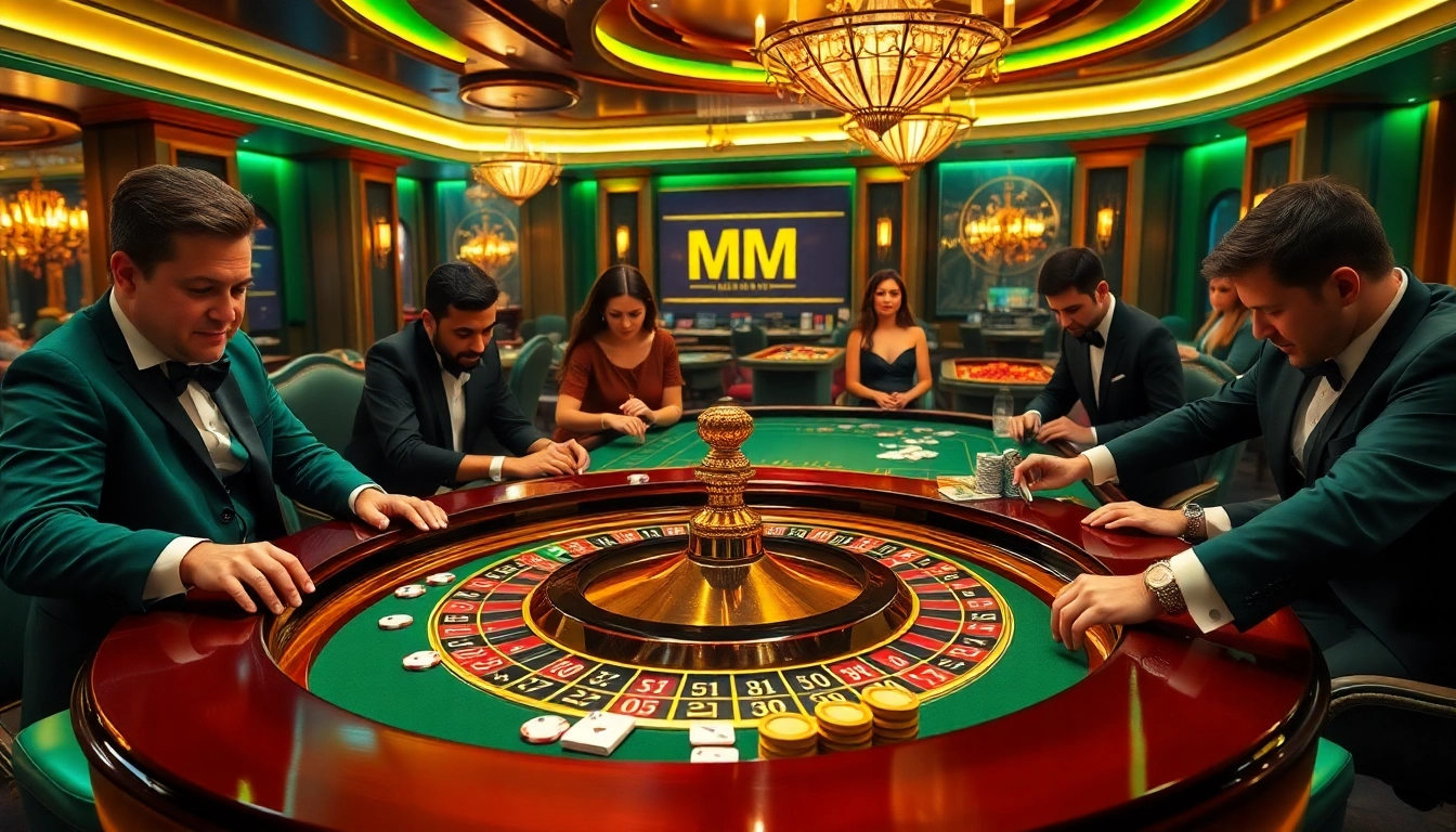 Excited players engaging at a luxurious MM 88 roulette table in a vibrant casino setting.