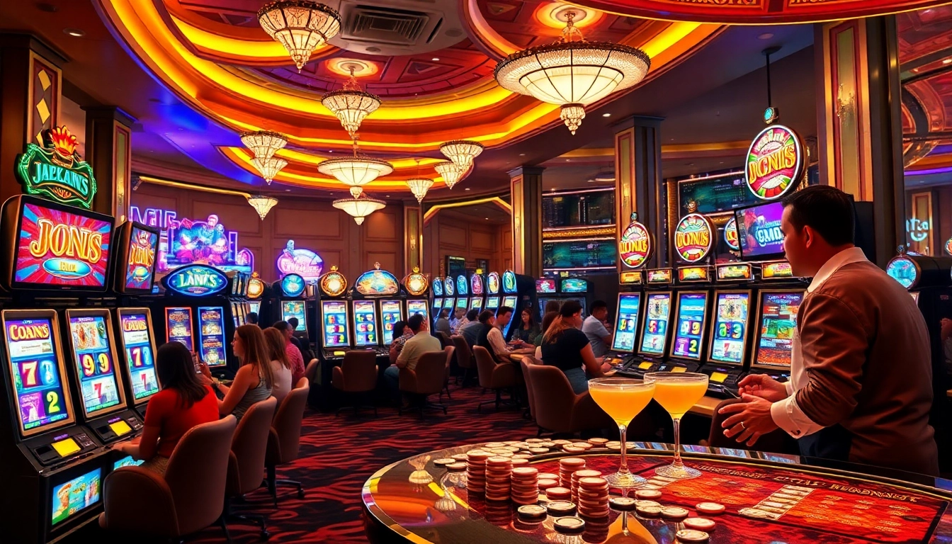 Excited players enjoying vibrant Slot machines in a luxurious casino environment.