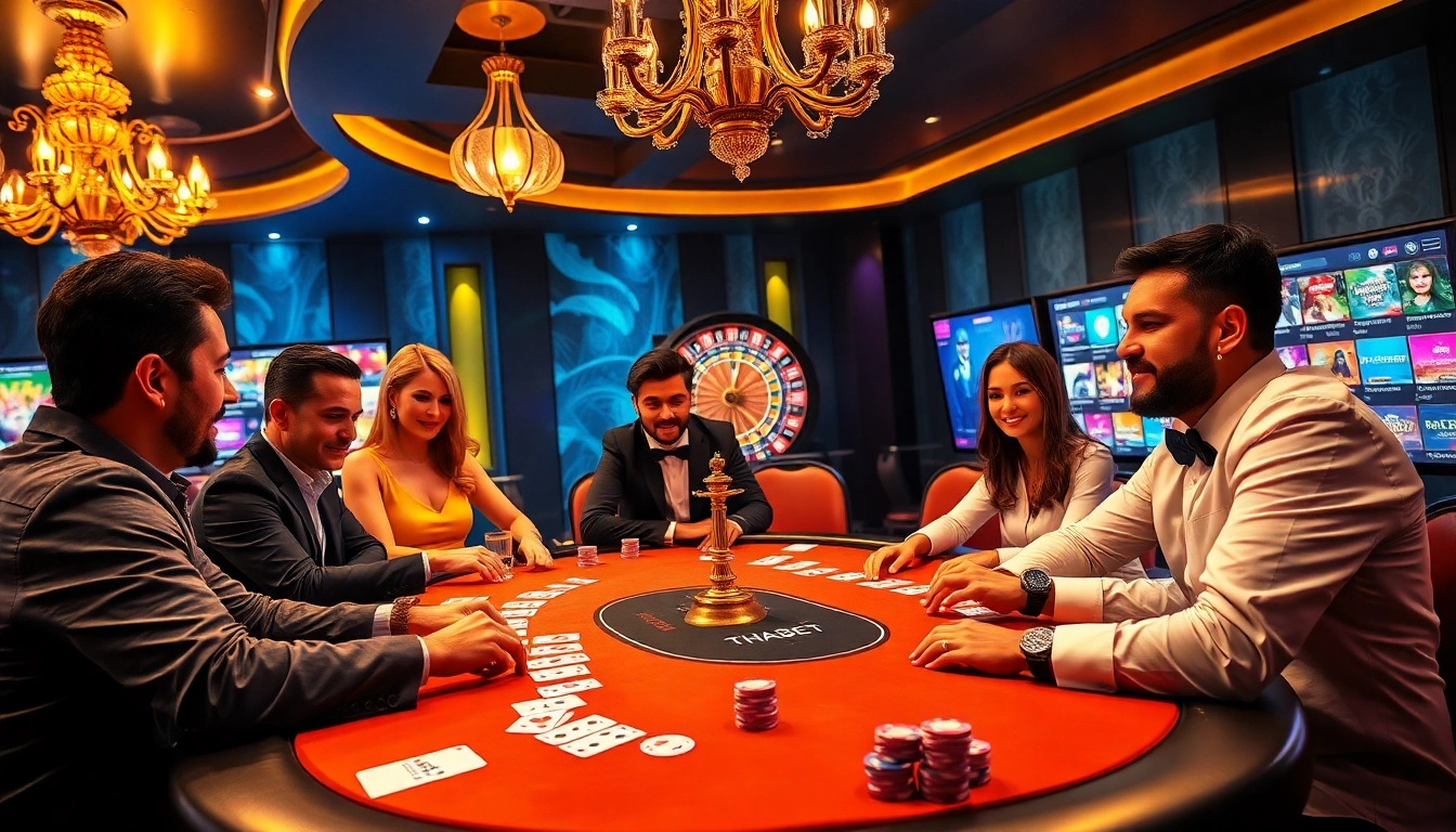 THABET's luxurious online casino features an engaging poker game with vibrant colors and exciting atmosphere.