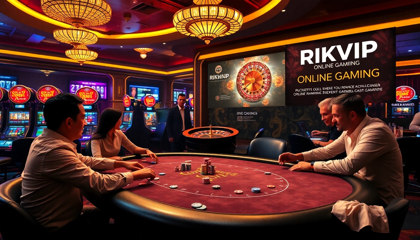 Players enjoying a thrilling poker game at RIKVIP casino with vibrant chips and slot machines.