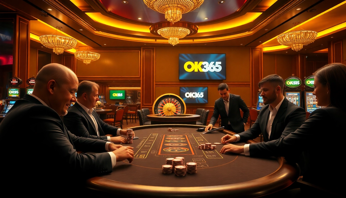 Players enjoying high-stakes poker at OK365 with a glamorous casino backdrop.