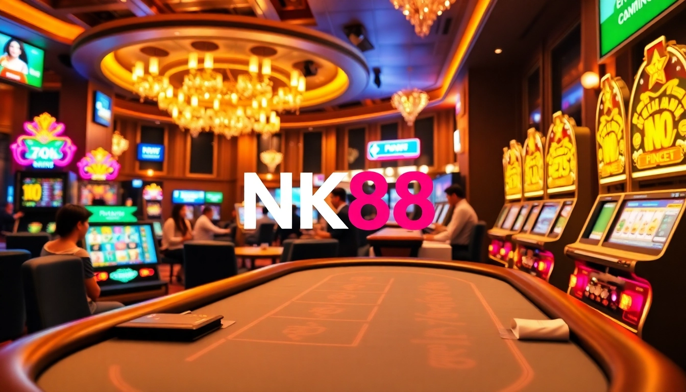 Engaged players at NK88 casino, with vibrant slot machines and a high-stakes poker table.