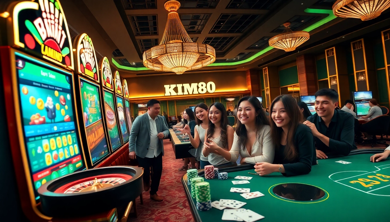 Experience the thrill of km88 with vibrant casino visuals of slot machines and gaming tables.