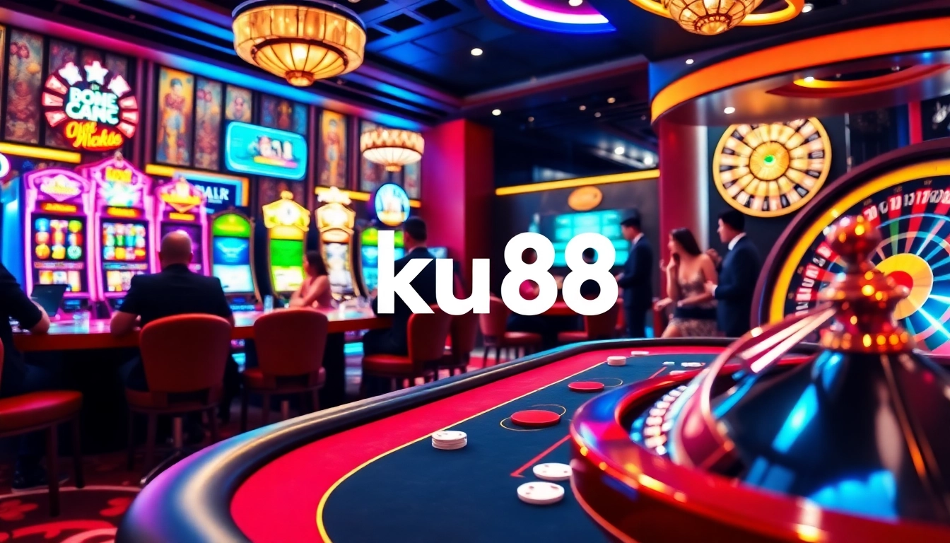 Experience the excitement of ku88 with gamblers at a luxury casino table surrounded by vivid slot machines.