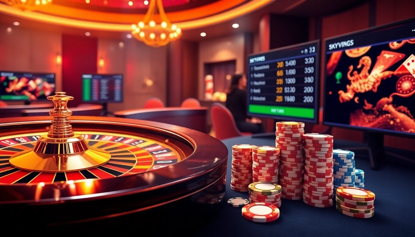 Engage with link vào sky88 through vibrant online gambling visuals featuring casino tables and poker chips.