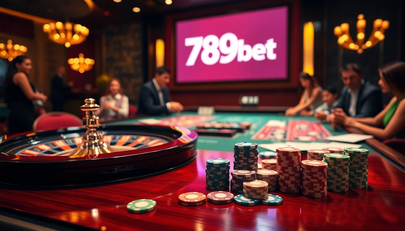 Exciting casino scene showcasing 789bet with roulette and poker chips, highlighting luxury gambling experience.