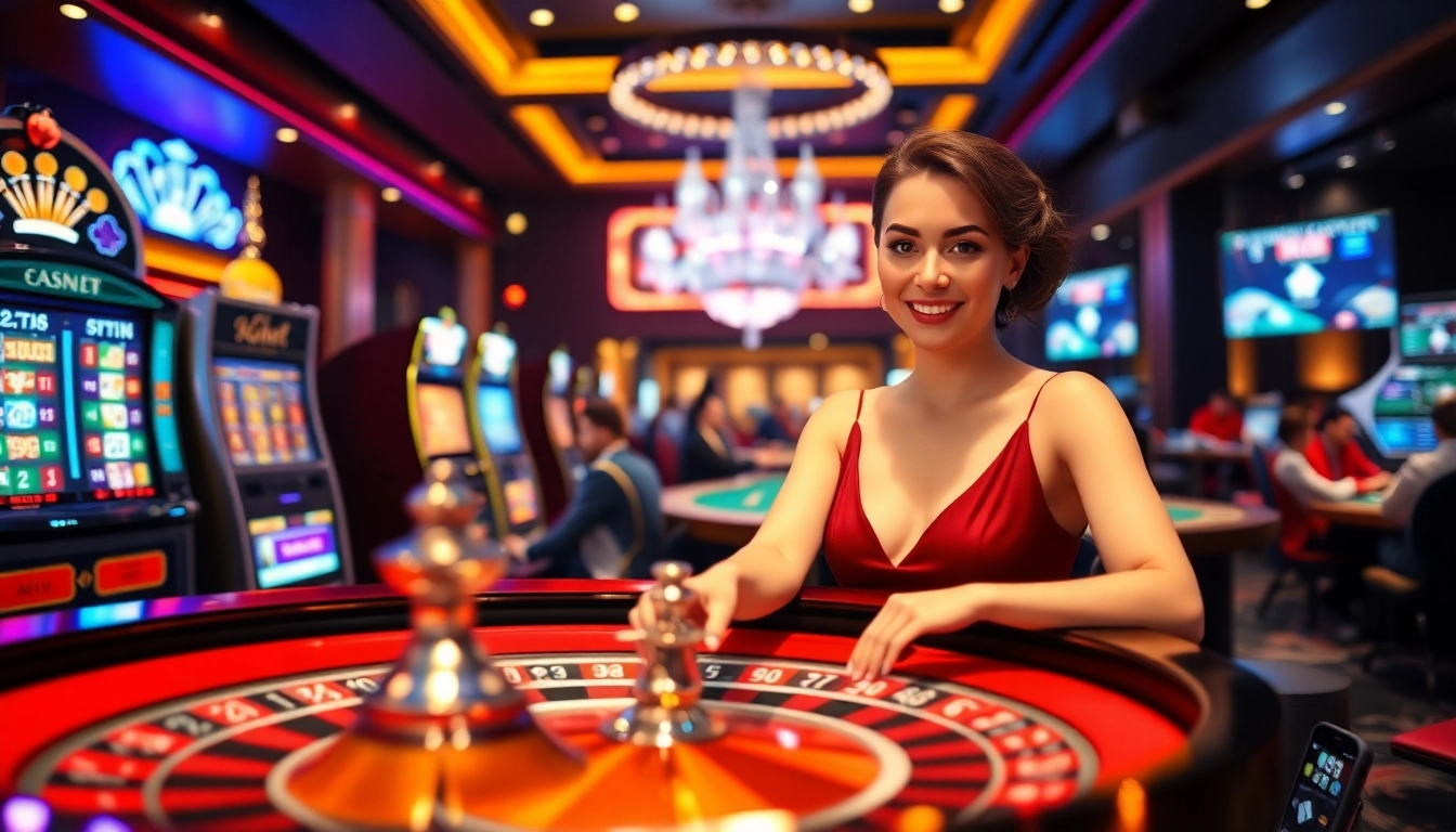 Zbet đăng nhập in a vibrant casino scene showcasing roulette, slots, and poker tables.