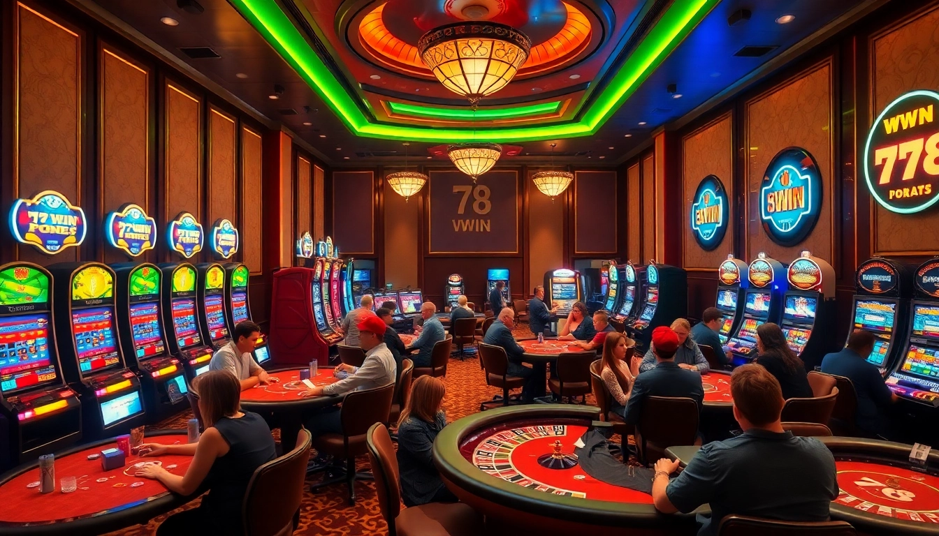 Experience the excitement at 78WIN casino with players enjoying poker and slot machines.
